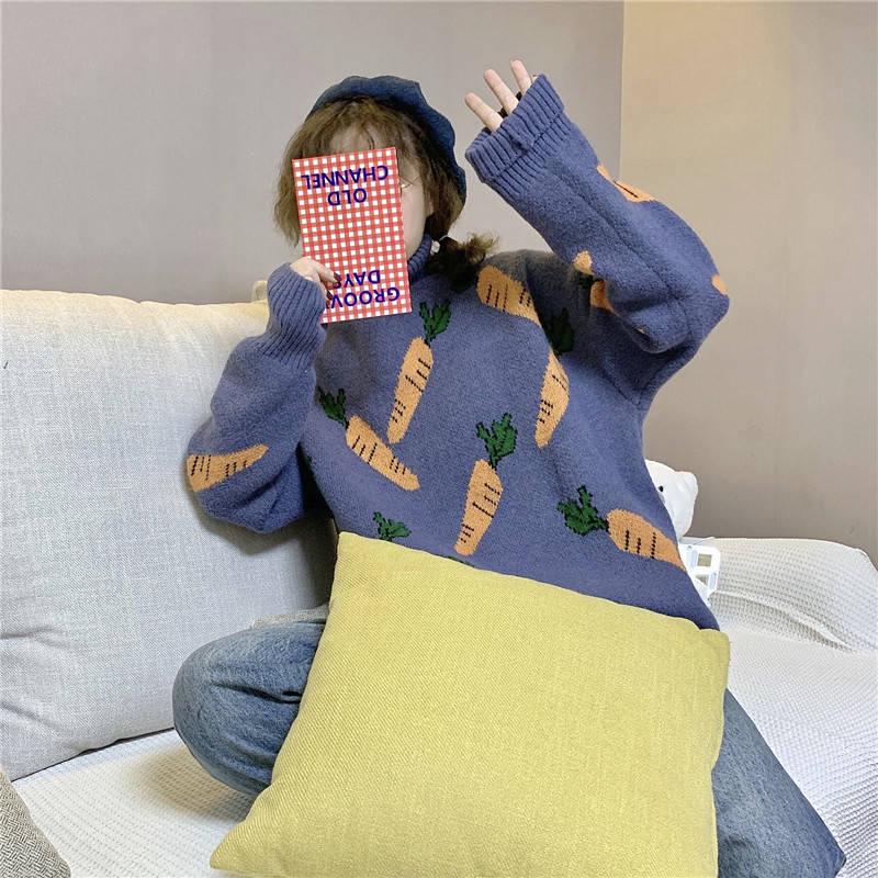 Pofulove Korean Turtleneck Color-matching Sweater Female Loose Pattern Wild Sweater Autumn Winter