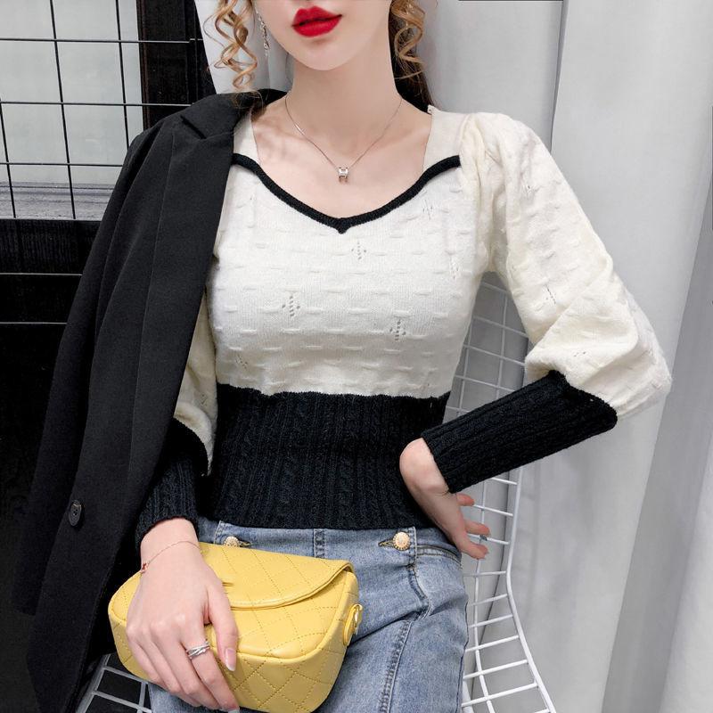 Autumn Winter Long-sleeved Pullover V-neck All-match Sweater with Knitted Tops for Women Slim Fit