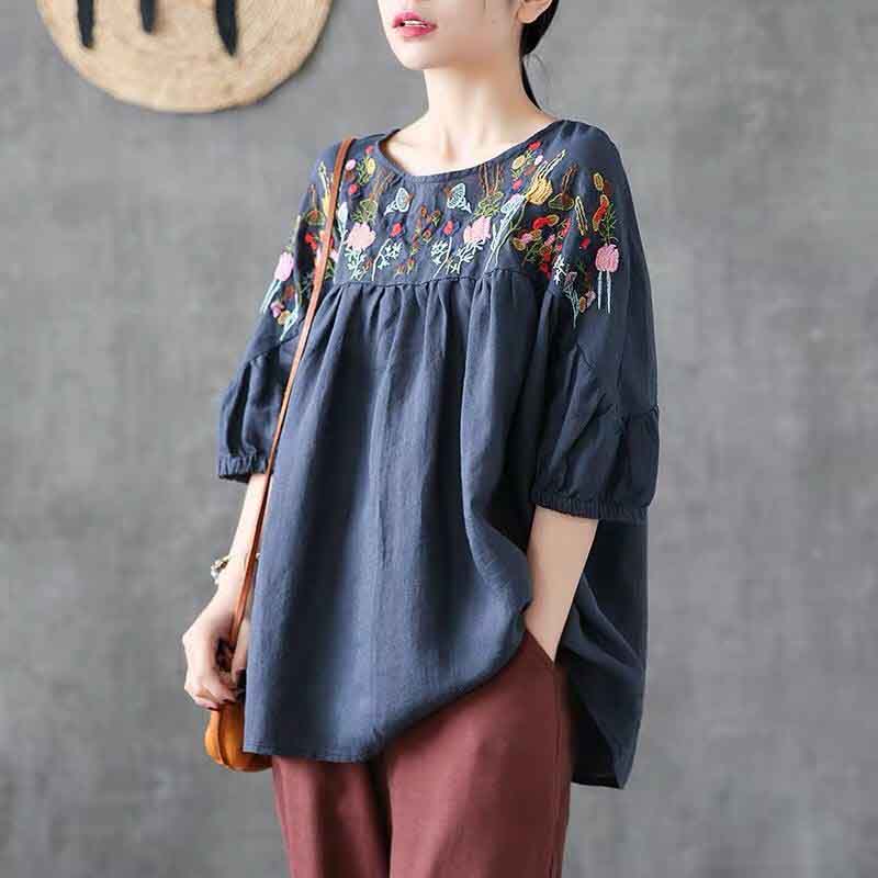 Retro Embroidered Round Neck Short Sleeve T-Shirt Women's Loose Shirt Summer Half Sleeve Cotton Top