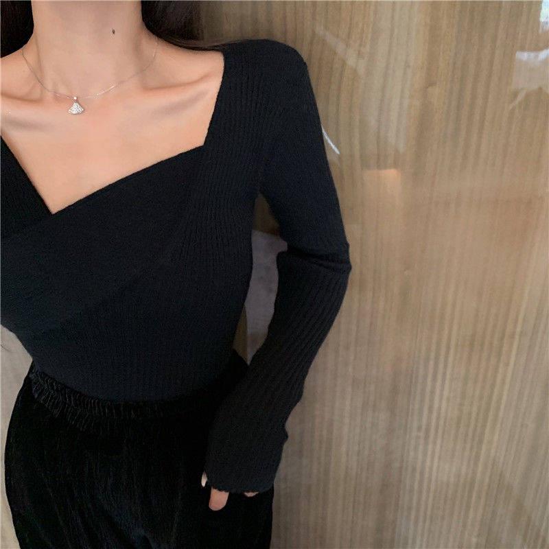 Pofulove Base Knitted Shirt Women Blouse Asymmetric V-neck Pullover Sweater Women Sexy Slim Knitwear