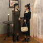French Dress Korean Style Mid-length Long-sleeved Square Neckline Mesh  Receiving Waist Slim Skirt