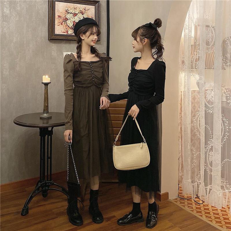 French Dress Korean Style Mid-length Long-sleeved Square Neckline Mesh  Receiving Waist Slim Skirt