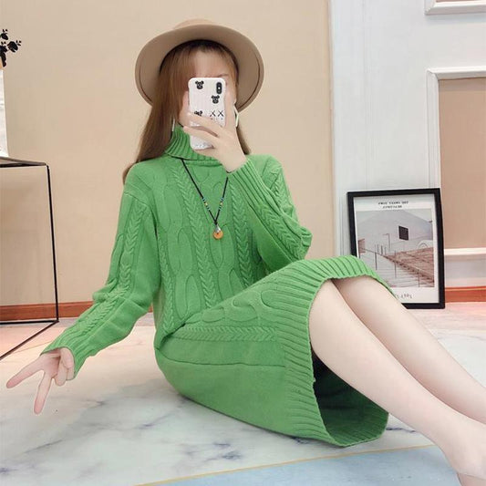 Spring and Autumn New Style Plus Velvet Padded High-neck Over-the-knee Sweater Women Loose Mid-length Knit Sweater and Long Dress