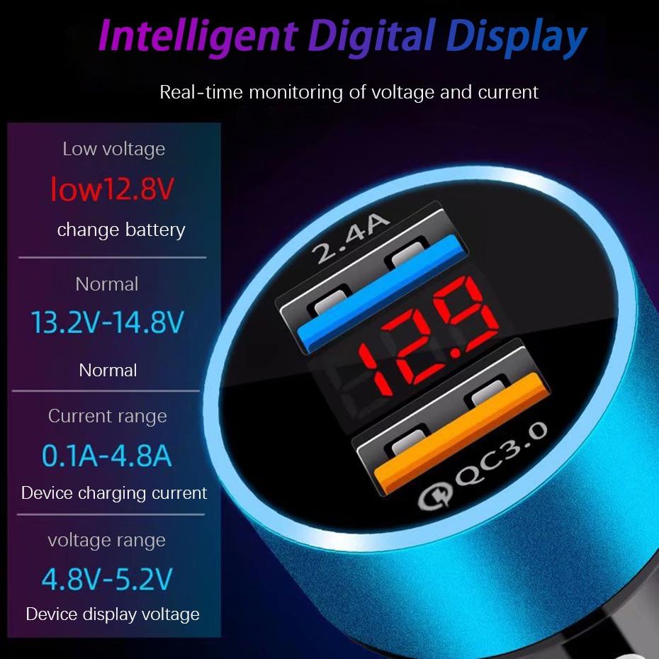 QC3.0+2.4A Dual USB Car Charger LCD Display 12-24V Cigarette Socket Lighter Fast Charger Power Auto USB Adapter Upgraded