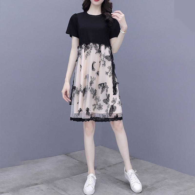 Women Size M-XXXL Summer Printing Knee-length Dress Short  Sleeve Chiffon Lace Mesh A-line Skirt