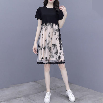 Women Size M-XXXL Summer Printing Knee-length Dress Short  Sleeve Chiffon Lace Mesh A-line Skirt