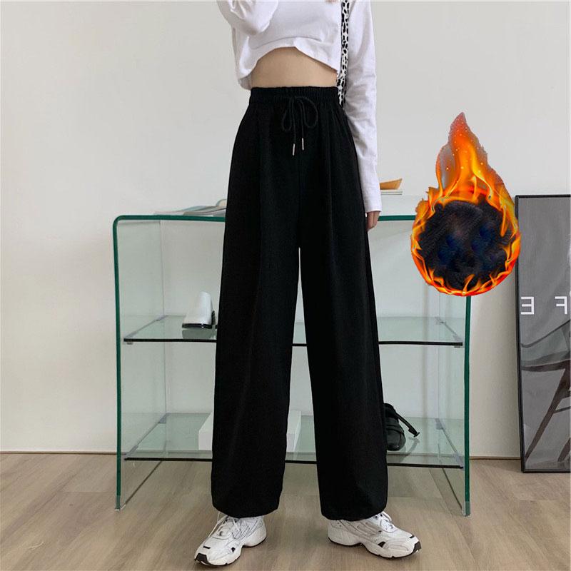 Gray Sports Sweatpants Women Autumn and Winter Wear High Waist Loose Wide-leg Pants Plush Casual Drape Black Trousers Track Pants Jogging Streetwear