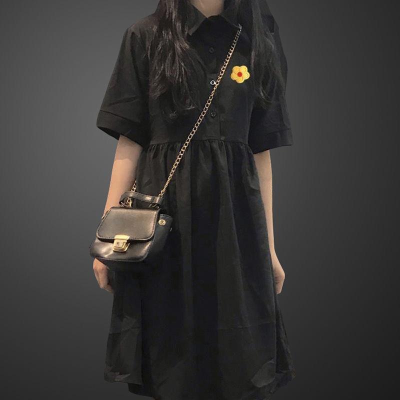 Summer Black Embroidered Solid Color Cute Sweet Girl College Style Age Reduction Looser  Short Sleeve Dress