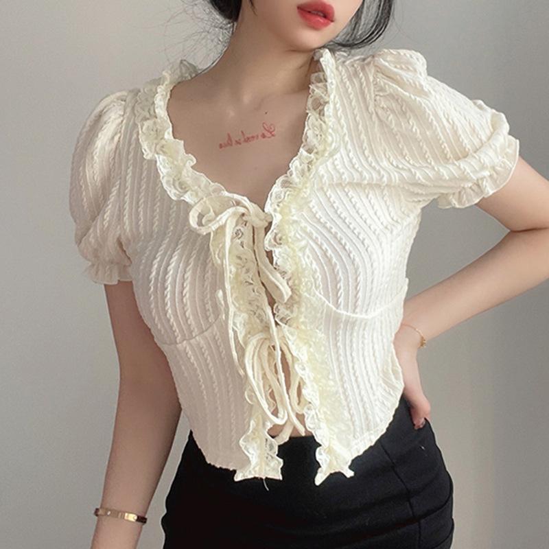 Women's T-shirt Ruffles Lace Up Sweet Cropped Tops Summer Knitted Casual Puff Sleeve Chic Y2K T-shirts Elegant Fashion Korean Tee