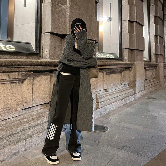 Autumn and Winter Embroidery Chessboard Grain Legs Full Points Must Be Slopes High Waist Slim Straight Micro-jeans Women