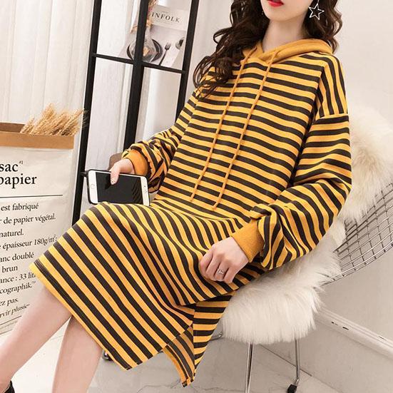 Women's Plush Spring and Autumn Long Knee Length Hoodies Large Size Loose Casual Hooded Tops Versatile Solid Color Striped Hoodies