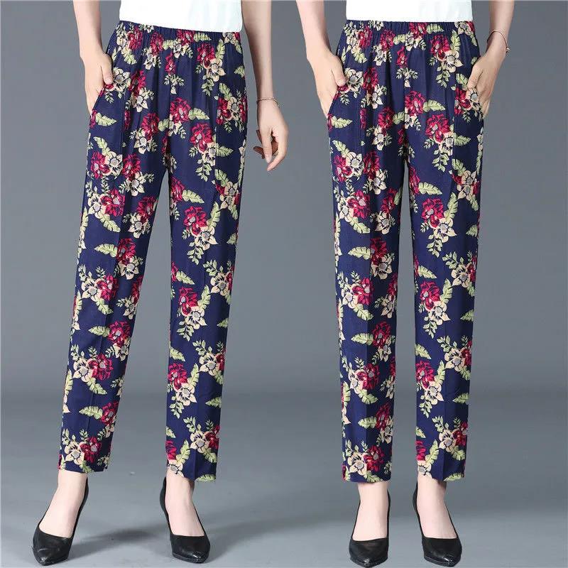 Women's Trousers Summer Thin Cropped Trousers Loose Straight Leg Pants Flower Pants Drawstring Sweatpants