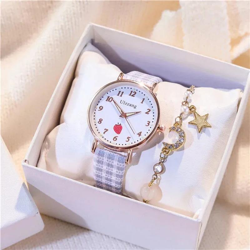 Women's All-match Cute Quartz Watches Strawberry Luminous Watches Plaid Fabric Strap Student Wrist Watches