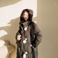 Large Size Long Hooded Stand-up Collar Down Jacket Retro Diamond Design Cute Real Fur Ball Horn Buckle Down Jacket Large Size Slightly Fat and Thin