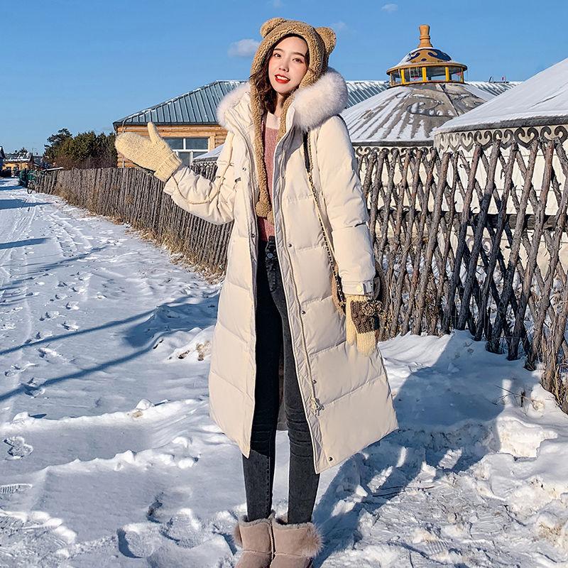 Fashion Trend Long Hooded Simulation Fur Collar Women's Down Jacket Autumn and Winter Plus Velvet Thickening Warm White Duck Down Jacket