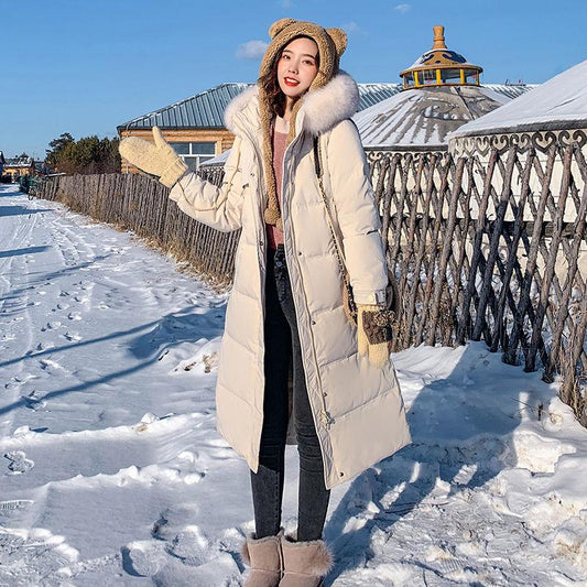 Fashion Trend Long Hooded Simulation Fur Collar Women's Down Jacket Autumn and Winter Plus Velvet Thickening Warm White Duck Down Jacket