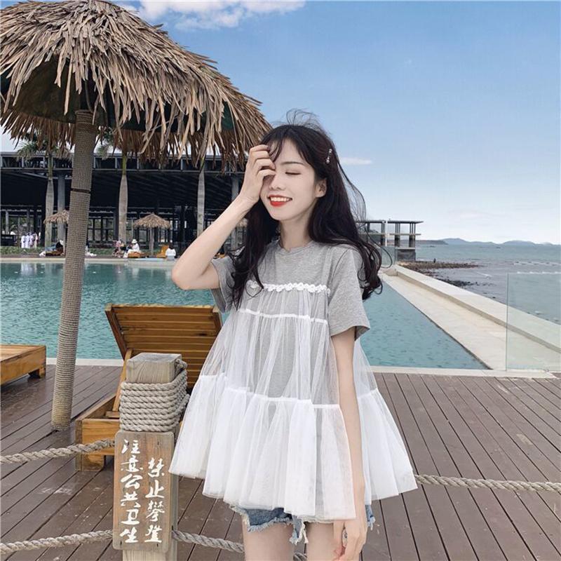 Short-sleeved Female Student Korean Loose T-shirt Summer Sweet Stitching Mesh T-shirt Round Neck Girlfriends Outfit