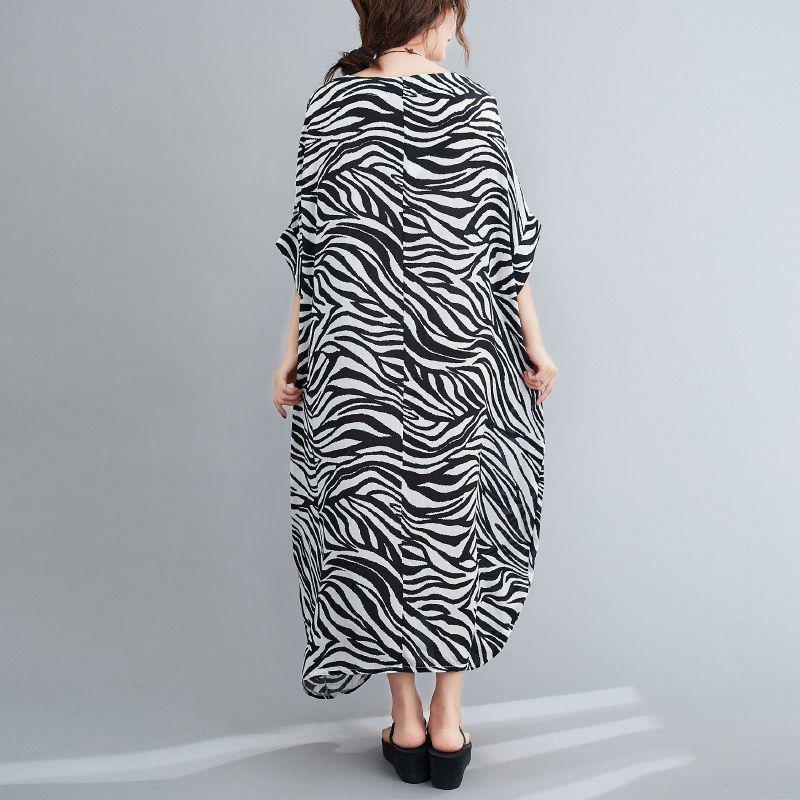 WTEMPO Zebra Pattern Plus Size Ladies Dress Summer Round Neck Long Dress Casual Mid-calf Length