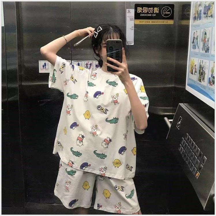 2Pcs/Set Cartoon Animal Women Sleepwear Short Sleeve Top Shorts Pajamas