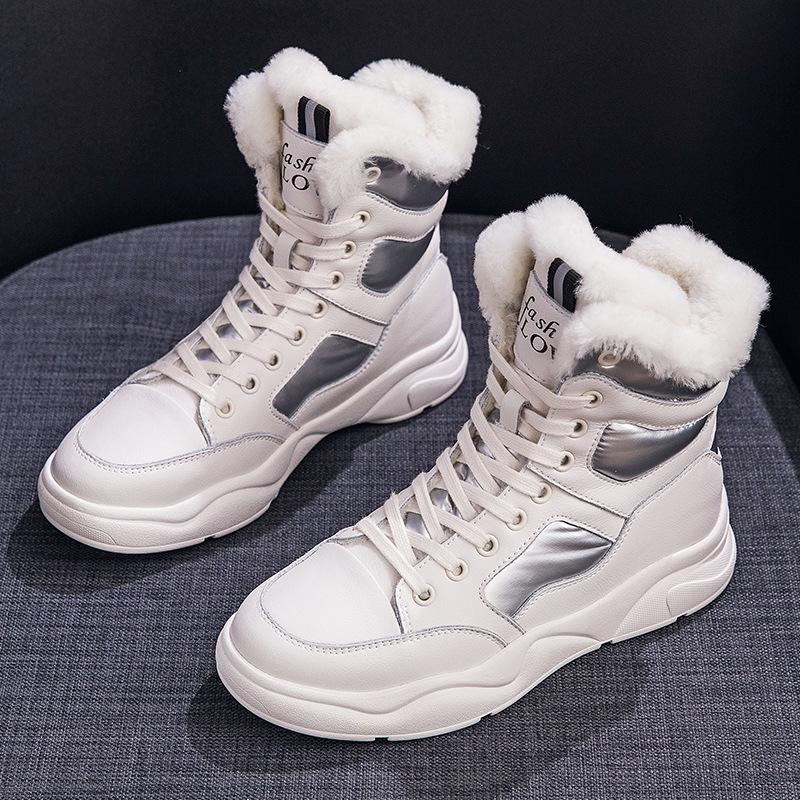 Women 's Winter Boots Black White Fur Boots Genuine Leather Ankle Booties Plush Warm Shoes Sneakers Snow Boots Plus Size 35-42