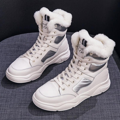 Women 's Winter Boots Black White Fur Boots Genuine Leather Ankle Booties Plush Warm Shoes Sneakers Snow Boots Plus Size 35-42