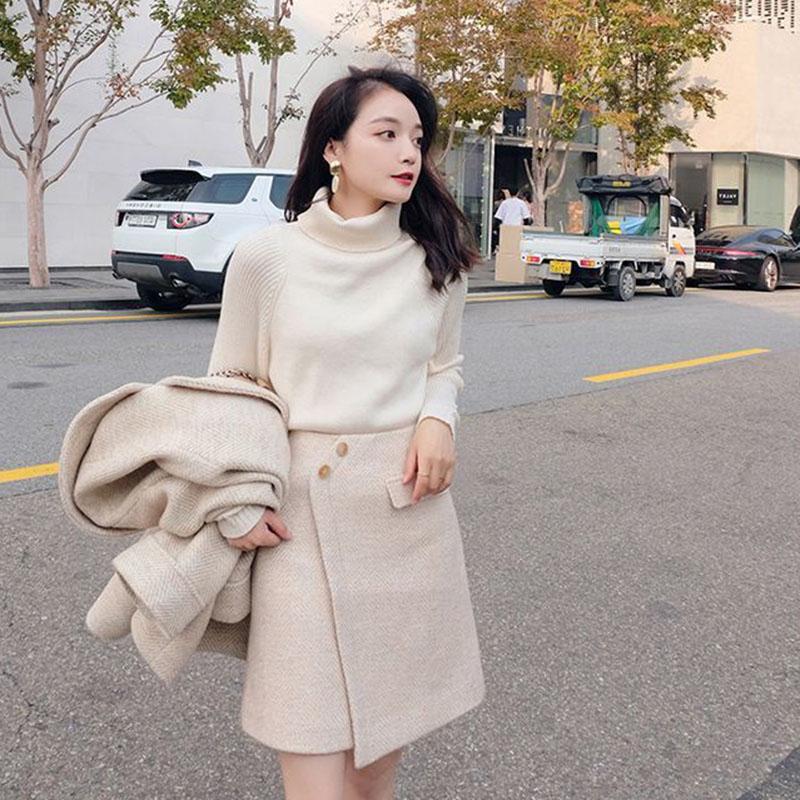 Cotton Thick Woolen Suit Women Autumn and Winter Temperament Small Mid-length Woolen Skirt Two-piece Suit