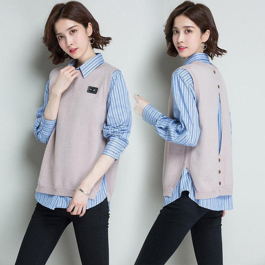 Spring and Autumn Round Neck Knitted Vest Women's Solid Color Halterneck Waistcoat Short Casual Sleeveless Sweater