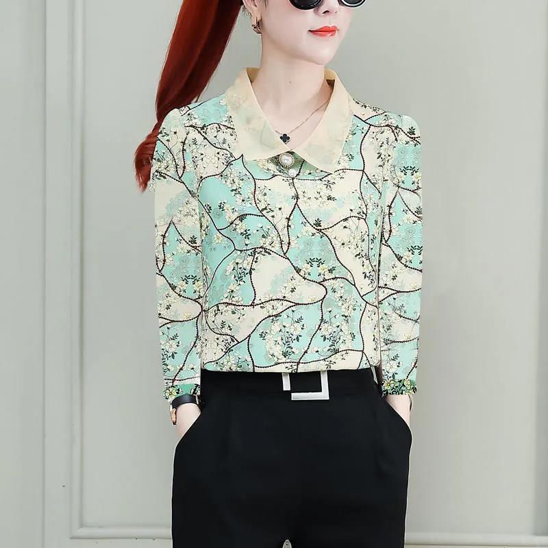 Women's Spring Autumn Chiffon Long Sleeve Top Lapel Bow Print Shirt