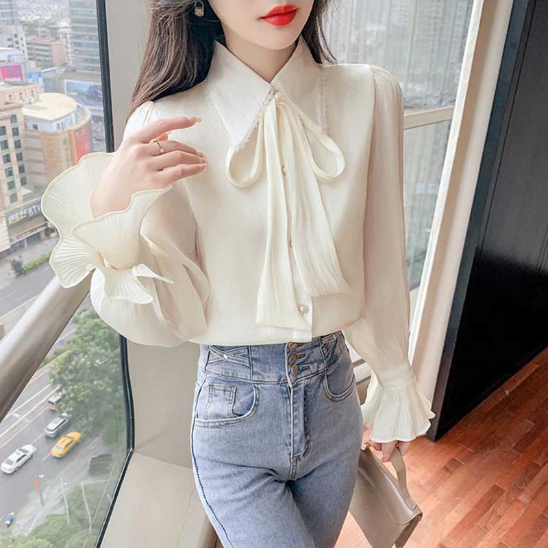 Flared Long Sleeve Blouse Women's Spring and Summer Fashion Pleated Bow Chiffon Top