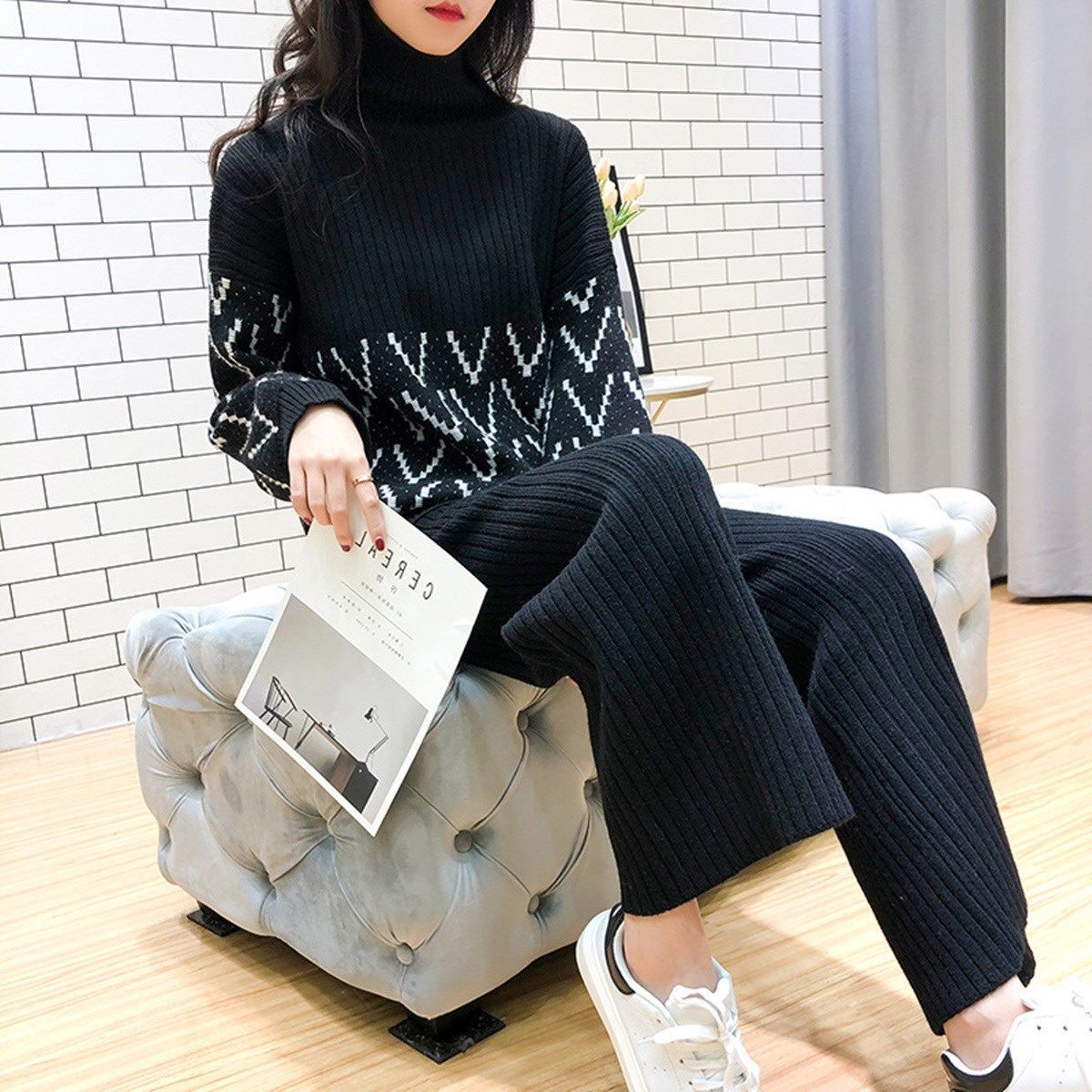 2pcs/set  Winter Tracksuit 2 Piece Pant Suits for Women Knitted Long Sleeve Two Piece Set Knit Top and Pants Women Outwear Outfits