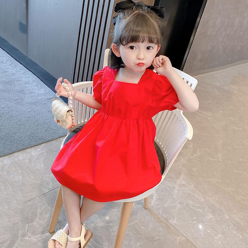 Girls Princess Dress Summer Thin Children's Bow Puff Sleeves Sweet Waist Dress Cute Two-Wear A-line Skirt