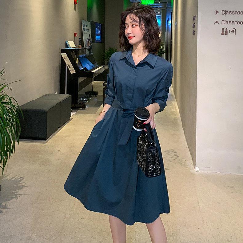 Spring Summer Women's Shirt Dress Mid-length Skirt Ladies Professional Wear All-match Long-sleeved Solid Color Dress