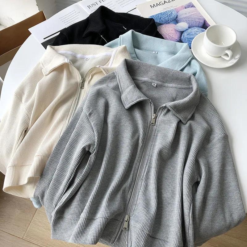 Waffle Short Jacket Women's Autumn Korean Style Loose Design Double Zipper Top Casual Cardigan Ladies Coat