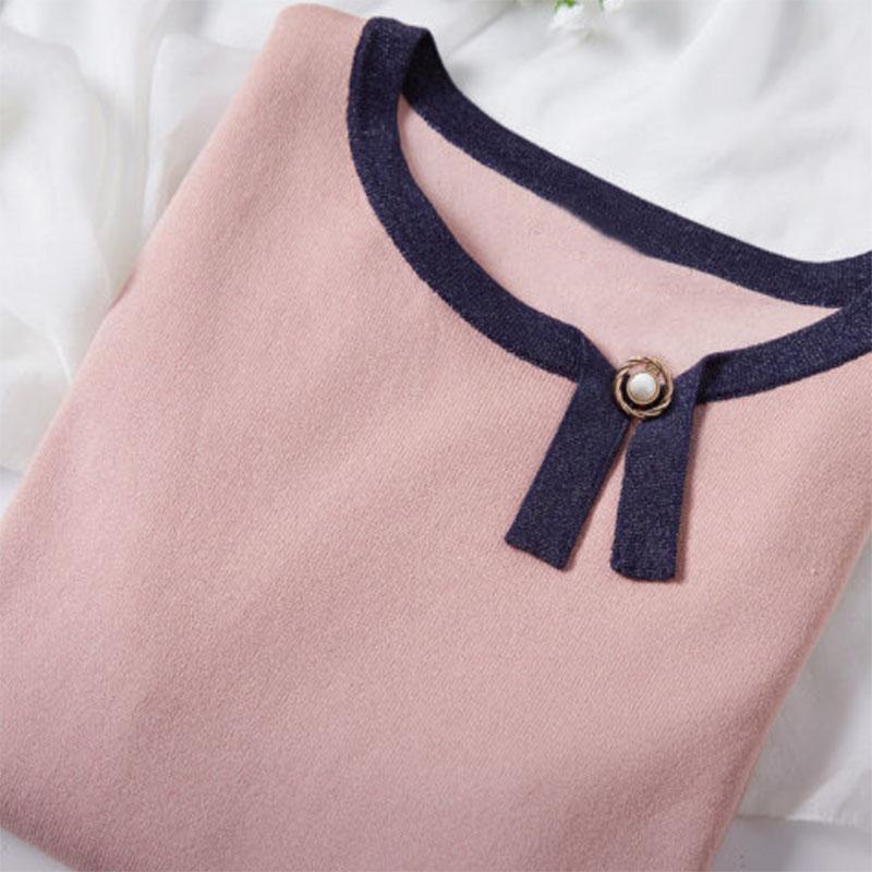Contrast Color Design Sense Asymmetric Ladies Shirt Sweater Knitted Sweater Ice Silk Three-quarter Sleeve Pullover