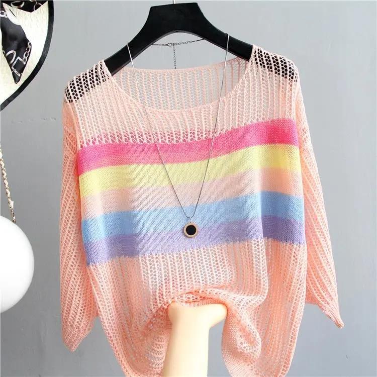 Spring and Summer Hollow Knitted Sunscreen Jacket Top Women's Loose Thin Color Stripes