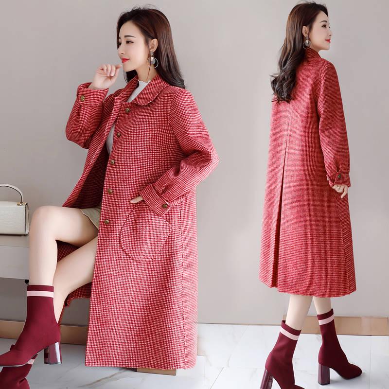 Winter Autumn Coat Women Wool Jacket Long Plaid Coats Blend Woolen Warm Outerwear Christmas Clothing