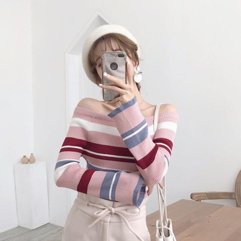 Knit Sweater Long Sleeve Shirt Female Striped Sweater Spring and Autumn One Shoulder Trumpet Sleeve