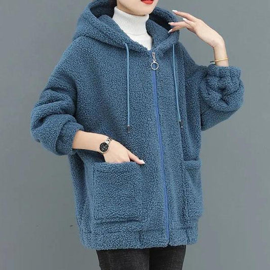 Women's Autumn and Winter Loose Cashmere Zipper Cardigan Solid Color Thickened Lamb Wool Hooded Coats
