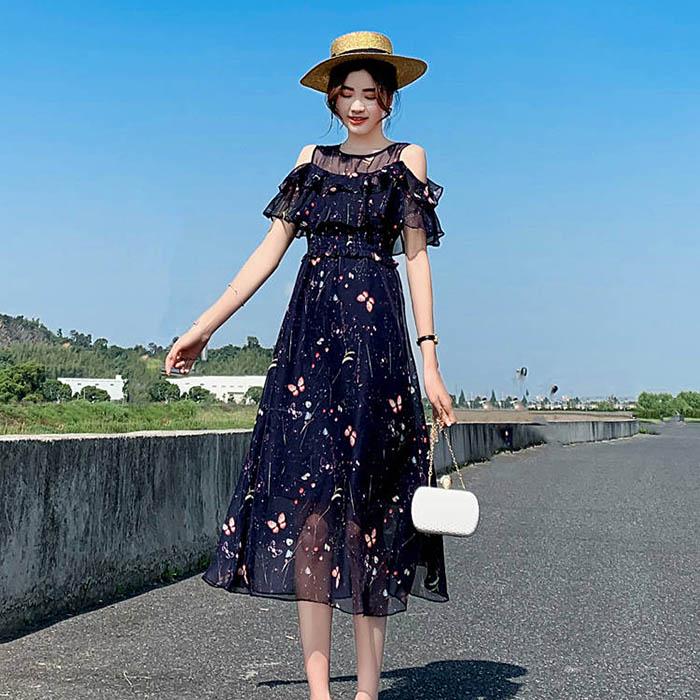 Pofulove XS-2XL Women O-neck Off Shoulder Print Chiffon Dress Slim Short-sleeved Long A-line Dress