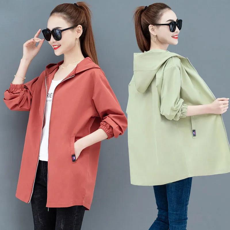 Women UV Protection Windbreaker Solid Color Hooded Jacket Casual Coat Boutique Soft Parka Mid Length