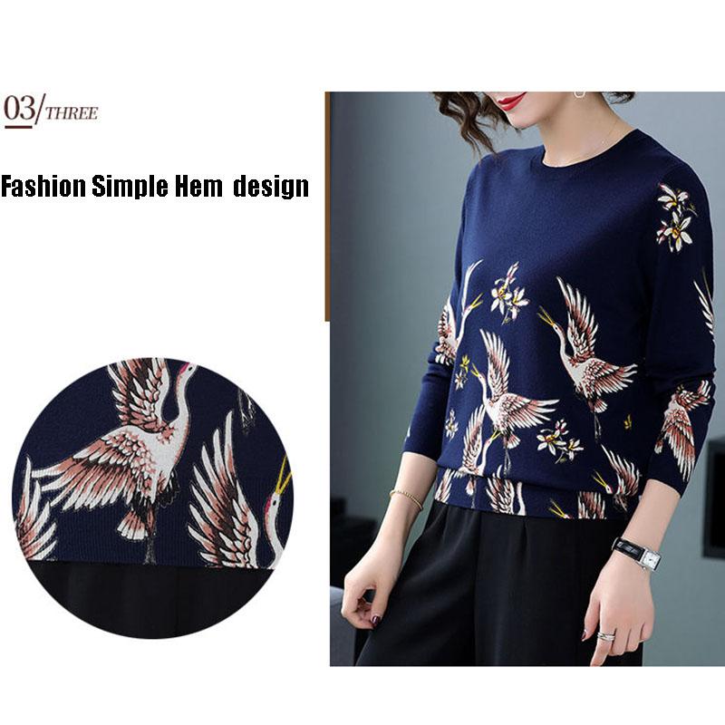 Women's Plus Size Knit Sweater Vintage Printed Cashmere Sweater Female High-end O-Neck Woolen Sweater Outwear Jacquard Weave Pullover Warm Jumper Top
