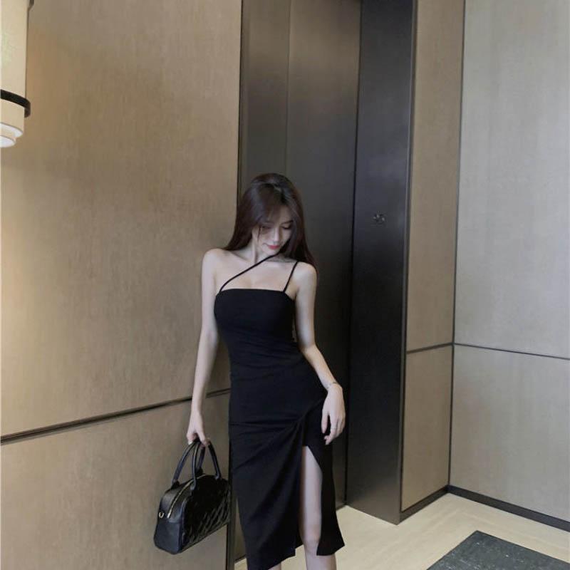 Spring Summer Sling Dress Female High Split Black Strapless Slim Slimming Sling Dress Sexy Party Dress