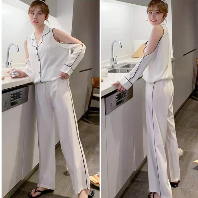 Women's  Ice Silk Sexy Off-the-shoulder Long-sleeved Pajamas Set Spring Thin Lapel Loose Home Wear Suits Solid Comfortable Sleeping Suit