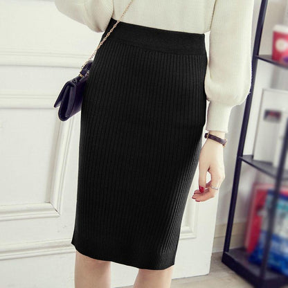 Autumn Winter Women Knitted Pencil Skirts Stretch High Waist Knee Length Slim Office Lady Bodycon