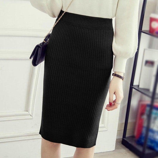 Autumn Winter Women Knitted Pencil Skirts Stretch High Waist Knee Length Slim Office Lady Bodycon