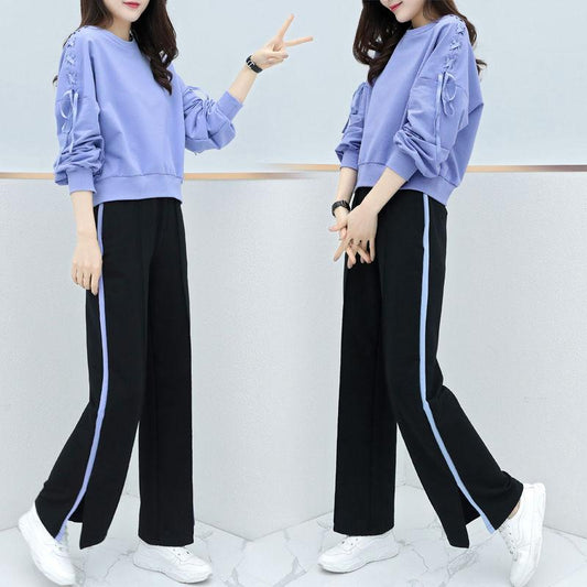 Suit Long-sleeved Shirt + Loose Wide-leg Pants Two-piece Loose Casual Sportswear Suit Female Outdoor Sports Suit Casual Home Wear
