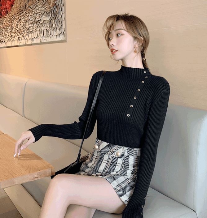 Button Half Turtleneck Sweater Women's Slim Fit Slim Long Sleeve Bottom Shirt Fashion Solid Color Stretch Pullover Large Size
