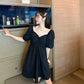 Women's Summer Puff Sleeve Dress Slim Solid Color V-neck A-line Skirt