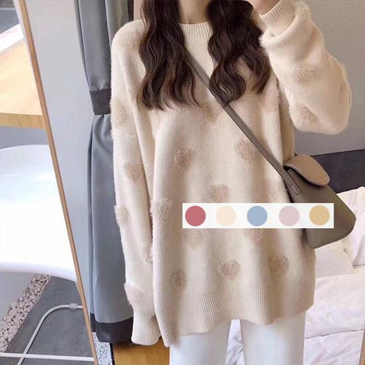 Women Knitwear Crew Neck Loose Simple Color Cherry Heart Print Sweater Pullover Jumper Top