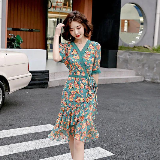 Women's Summer Floral Chiffon Dress V-neck Mid-length Skirt